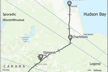 The study area showing the Hudson Bay Railway extending from Churchill to The Pas, Manitoba.