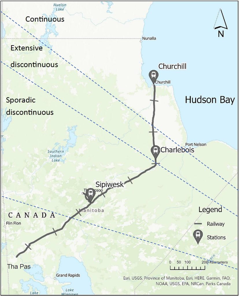 The study area showing the Hudson Bay Railway extending from Churchill to The Pas, Manitoba.