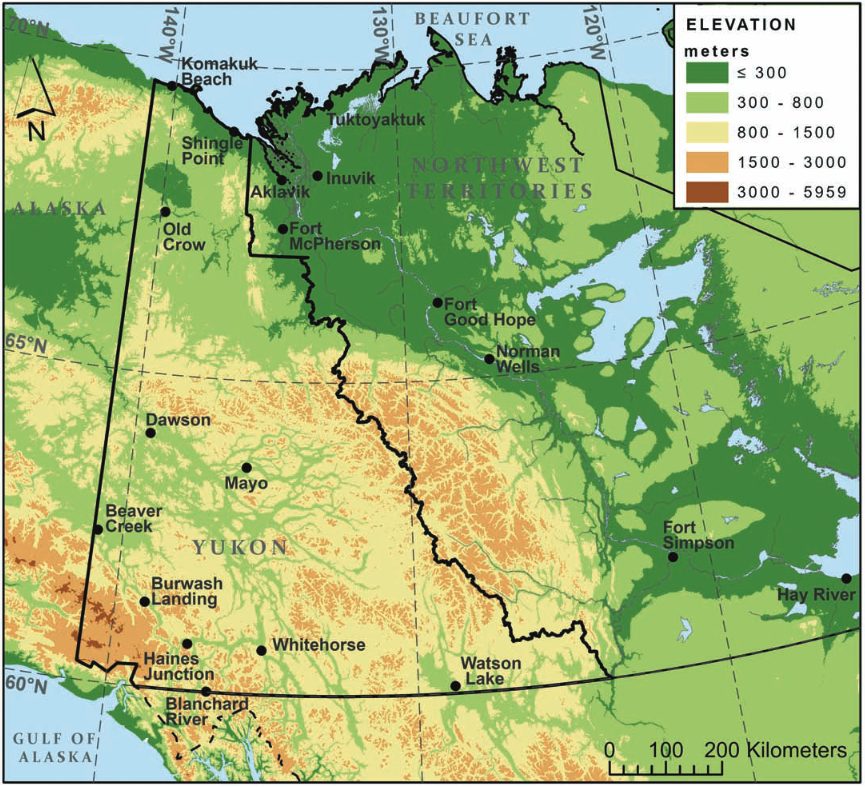 Yukon Territory and western Northwest Territories, including Mackenzie Mountains and adjacent Mackenzie River Valley, with locations of all weather stations.